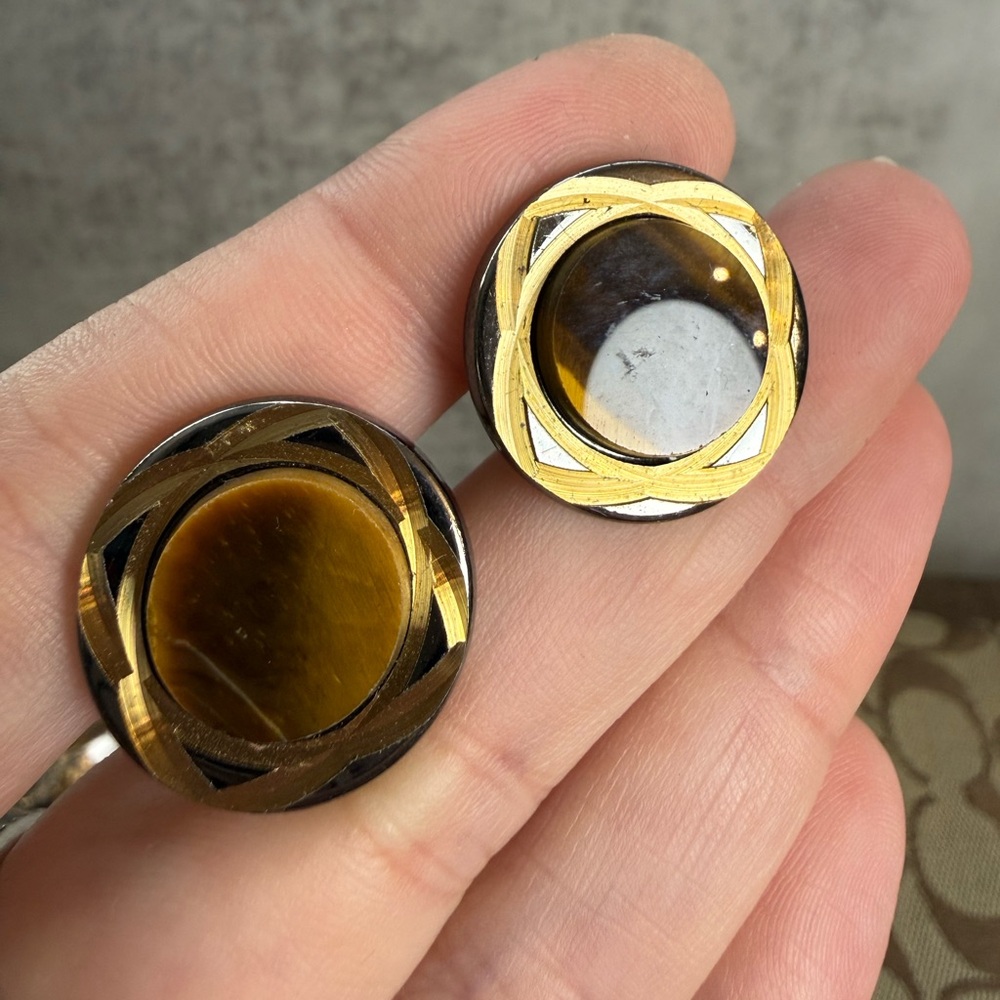 Vintage Tiger’s Eye Cufflinks | Gold & Silver Tone | Men’s Jewelry